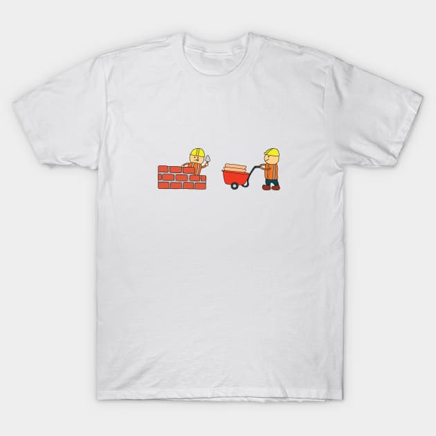 Kids drawing vector Illustration of construction workers building a brick wall and pushing wheelbarrow T-Shirt by wordspotrayal